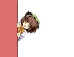  animal_ears bow brown_hair cat_ears chen hat hihachi jewelry long_sleeves looking_at_viewer open_mouth peeking_out short_hair single_earring solo touhou yellow_eyes 