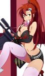  bad_anatomy bikini_top breasts cleavage fingerless_gloves gloves gun hair_ornament highres long_hair oota_takeshi open_mouth ponytail red_hair rifle scarf short_shorts shorts skull_hair_ornament sniper_rifle solo tengen_toppa_gurren_lagann thighhighs weapon yellow_eyes yoko_littner 