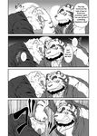  anthro bandage beard biceps big canine chubby clothing coach comic dialog dialogue english_text facial_hair feline fur jin_(artist) male mammal me_and_my_teacher muscles punch school text tiger wolf 