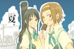  akiyama_mio bag building cloud food guitar_case hairband instrument_case k-on! multiple_girls oke_(okeya) popsicle sakuragaoka_high_school_uniform school_bag school_uniform tainaka_ritsu translated uniform 