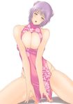  bare_shoulders barefoot blush breast_squeeze breasts bun_cover cleavage cleavage_cutout covered_navel double_bun green_eyes head_tilt huge_breasts muffin_(sirumeria) open_mouth original panties purple_hair short_hair side_slit simple_background solo squatting underwear white_background 