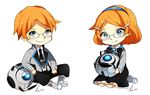  1girl 2012 bad_id bad_pixiv_id blue_eyes bow chibi dated dress dual_persona genderswap genderswap_(ftm) glasses hair_ornament hairband hairclip kei-chan_(atlas_kei) kneeling looking_at_viewer looking_up multiple_persona necktie orange_hair personality_core personification portal portal_(series) portal_2 signature simple_background sitting smile wheatley white_background 