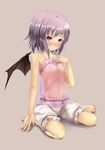  bare_arms bare_shoulders bat_wings bloomers blush collarbone flat_chest hand_on_own_chest lingerie looking_at_viewer navel negligee nipples pink_eyes purple_hair remilia_scarlet see-through short_hair sitting solo touhou underwear wariza wings yoi_(tokoyoi) 