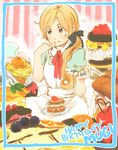  :q apron blonde_hair cake food fork fruit k-on! kotobuki_tsumugi long_hair oke_(okeya) ponytail solo tongue tongue_out 