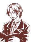  bespectacled book facial_hair fate/zero fate_(series) formal glasses goatee male_focus monochrome reading solo suit toosaka_tokiomi yuu_(cancer) 