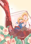  1girl absurdres ahoge alcohol artoria_pendragon_(all) blonde_hair cup dress drinking_glass fate/zero fate_(series) flower gilgamesh green_eyes highres jewelry miniboy minigirl msg01 necklace pouring red_eyes saber wine wine_glass 