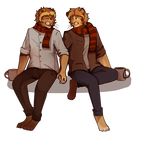  blonde_hair brown_fur clothing cute eyes_closed feline fur gay green_eyes hair hand_holding lion love male mammal plain_background romantic scarf smile solarbyte teeth transparent_background 