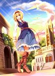  alice_margatroid azusayumi_meme bad_id bad_pixiv_id bird blonde_hair blue_eyes blush boots bow breasts building clock clock_tower cloud dress_shirt hair_bow hairband highres medium_breasts necktie open_mouth ribbon sash shirt short_hair skirt sky smile solo touhou tower 