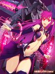  bare_shoulders breasts copyright_name glowing glowing_eyes junketsu_duelion long_hair magic_circle mecha medium_breasts navel nefertiti_haddad official_art open_mouth purple_hair red_eyes solo thighhighs translated yangsion 