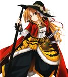  1girl absurdres ahoge blonde_hair cape female hair hat highres katana long_hair miyama-zero oda_nobuna oda_nobuna_no_yabou official_art ponytail simple_background smile solo sword weapon white_background 