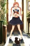  backlighting bag blue_eyes brown_hair carrying dog door dress hair_ornament hair_ribbon hairclip hairpin highres low_twintails original paper_bag plant potted_plant puppy ribbon shoes socks takeuchi_aya twintails 