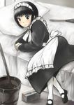  bad_id bad_pixiv_id black_hair blush bob_cut bonchi brush bucket duster grey_eyes maid maid_headdress mary_janes mop on_bed pantyhose shirley_(manga) shirley_medison shoes short_hair solo white_legwear 