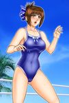  aihara_makoto breasts brown_eyes brown_hair cameltoe casual_one-piece_swimsuit cloud day hair_ribbon kitamura_(bamboo) large_breasts one-piece_swimsuit palm_tree ribbon rumble_roses short_hair sky solo sweat swimsuit tree wrestling_ring 