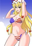  alternate_eye_color american_flag_bikini bikini blonde_hair error flag_print hat long_hair mizuno_asami solo swimsuit touhou yakumo_yukari yellow_eyes 