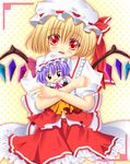  :3 ascot blonde_hair blouse blush_stickers character_doll cokua doll_hug flandre_scarlet halftone hat hat_ribbon head_tilt highres lavender_hair looking_at_viewer mob_cap open_mouth red_eyes remilia_scarlet ribbon short_hair short_sleeves skirt solo touhou vest wings 