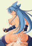  1girl ass bad_id bad_pixiv_id bell blue_hair breasts collar cum cum_in_pussy ejaculation fingerless_gloves gloves hetero kojou looking_back medium_breasts motion_lines nipples penis puffy_nipples rance_(series) reverse_cowgirl_position sengoku_rance sex smile solo_focus straddling suzume_(rance) thighhighs vaginal 