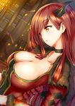  aldehyde blush breasts choker cleavage dress fur_trim horns large_breasts long_hair maou_(maoyuu) maoyuu_maou_yuusha red_eyes red_hair revision solo 