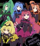  bad_end_beauty bad_end_happy bad_end_march bad_end_peace bad_end_precure bad_end_sunny bat_wings black_bodysuit blonde_hair blue_eyes blue_hair bodysuit covered_navel dark_persona double_v english fingerless_gloves frills gem gloves green_eyes green_hair grin heart long_hair multiple_girls open_mouth orange_eyes orange_hair pink_eyes pink_hair ponytail precure skin_tight skirt smile smile_precure! tiara tongue tongue_out twintails v very_long_hair wara_(warapro) wide_sleeves wings yellow_eyes 
