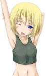  armpits arms_up blonde_hair blue_eyes blush erica_hartmann navel open_mouth p-tana short_hair sleepy solo stretch strike_witches tank_top upper_body world_witches_series yawning 