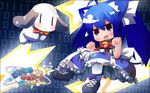  1girl ahoge bad_id bad_pixiv_id bell bell_collar black_eyes blue_hair bms_of_fighters bow bowtie chibi collar copyright_name dog highres jingle_bell long_hair no_nose number open_mouth paw_pose solo star translated twintails |_| 