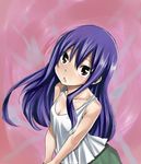  bangs bare_shoulders blue_hair blush breasts cleavage fairy_tail from_side grey_eyes head_tilt long_hair looking_at_viewer mashima_hiro official_art parted_lips pink_background small_breasts solo tank_top upper_body v_arms very_long_hair wendy_marvell 