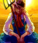  animal_print blonde_hair cow_print cowboy_hat dirty elbow_on_knee elbows_on_knees hair_over_one_eye harvest_moon:_a_new_beginning hat hay ko_d8 light_smile long_hair messy_hair neckerchief overalls pitchfork rio_(harvest_moon) sitting sleeves_rolled_up solo sun 