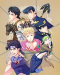  6+boys arrow battle_tendency black_hair blonde_hair chain diamond_wa_kudakenai double_bun family giorno_giovanna green_hair gyro_zeppeli hat headband higashikata_jousuke horse johnny_joestar jojo_no_kimyou_na_bouken jonathan_joestar joseph_joestar_(young) kuujou_jolyne kuujou_joutarou long_coat multicolored_hair multiple_boys phantom_blood pompadour red_stone_of_aja stardust_crusaders steel_ball_run stone_ocean two-tone_hair vento_aureo zero1 