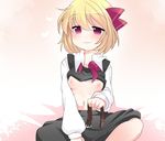  ascot bad_id bad_pixiv_id blonde_hair blush breasts collar dress_shirt hair_ribbon hammer_(sunset_beach) long_sleeves medium_breasts navel nipples red_eyes ribbon rumia shirt shirt_lift short_hair sitting skirt skirt_set smile solo touhou undone vest 