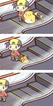  3koma :&gt; :3 baseball_cap cafe_(chuu_no_ouchi) chibi comic creature escalator gen_1_pokemon gold_(pokemon) hat male_focus o_o pokemon pokemon_(creature) raichu standing 