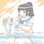  1girl black_hair blush breasts cherry eating food fruit ice_cream itou_yukino large_breasts parfait plump ponytail real_drive spoon thick_thighs thighs 