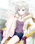  :o anastasia_(idolmaster) argon barefoot blue_eyes chair coat cross cross_necklace feet_on_chair fur_coat idolmaster idolmaster_cinderella_girls jacket jewelry knee_up legs necklace short_hair shorts silver_hair sitting solo 