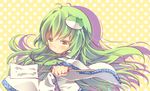  anthiea bad_id bad_pixiv_id blush detached_sleeves frog_hair_ornament gohei green_hair hair_ornament hair_tubes kochiya_sanae long_hair skirt snake_hair_ornament solo touhou yellow_eyes 