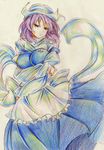  absurdres apron armband breast_lift breasts brooch colored_pencil_(medium) crossed_arms graphite_(medium) hat high_collar highres jewelry kitazinger large_breasts letty_whiterock long_sleeves looking_at_viewer purple_hair red_eyes short_hair simple_background skirt solo touhou traditional_media vest waist_apron white_background 