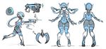  1girl ass blue_eyes breasts character_sheet firing gun handgun highres large_breasts maniacpaint muzzle_flash n01sb original pigeon-toed robot running smile solo weapon 