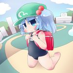  1girl :&gt; backpack bad_id bad_pixiv_id bag bare_shoulders barefoot blue_eyes blue_hair bow building chibi cloud day dutch_angle hair_bobbles hair_bow hair_ornament hat highres kawashiro_nitori long_hair no_nose one-piece_swimsuit randoseru road school_swimsuit smile solo street swimsuit touhou two_side_up 