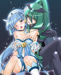  ;o aoki_reika bad_end_march bad_end_precure bare_shoulders black_bodysuit blue_eyes blue_hair blush bodysuit boots breast_grab breasts choker crossed_legs cure_beauty dark_persona grabbing green_eyes green_hair knee_boots long_hair looking_at_viewer magical_girl medium_breasts multiple_girls nipples one_eye_closed open_mouth precure saliva saliva_trail sitting smile_precure! takano_saku tiara tongue tongue_out torn_clothes yuri 