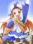  animal_costume bird blush brown_eyes brown_hair cosplay hair_ornament ichihara_nina idolmaster idolmaster_cinderella_girls kigurumi long_hair looking_at_viewer microphone open_mouth penguin penguin_costume smile solo youkan 