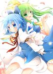  adapted_costume ahoge arm_belt arm_up back-to-back bad_id bad_pixiv_id blue_eyes blue_hair bow buckle cherry_blossoms cirno daiyousei dress fairy_wings green_eyes green_hair hair_bow juliet_sleeves kazato_fuuchi light_particles long_hair long_sleeves looking_at_viewer multiple_girls open_hand open_mouth puffy_sleeves ribbon short_sleeves side_ponytail simple_background smile touhou white_background wind wings 