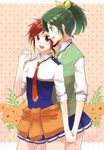  :d bad_id bad_pixiv_id clothes_around_waist flower green_eyes green_hair hair_ornament hairclip hino_akane_(smile_precure!) holding_hands midorikawa_nao multiple_girls nanairogaoka_middle_school_uniform necktie open_mouth polka_dot polka_dot_background ponytail precure red_eyes red_hair school_uniform sepia_background short_hair sioagya sleeves_rolled_up smile smile_precure! sweater sweater_around_waist sweater_vest 