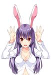  animal_ears arms_up blush breasts bunny_ears cleavage collarbone dress_shirt hands highres large_breasts long_hair looking_at_viewer naked_shirt purple_hair red_eyes reisen_udongein_inaba shirousagi_uyu shirt simple_background smile solo touhou upper_body white_background 