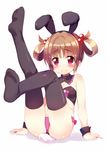  animal_ears bare_shoulders black_legwear blush brown_hair bunny_ears bunny_tail detached_collar fake_animal_ears full_body hair_bobbles hair_ornament hair_rings leg_up looking_at_viewer meito_(maze) no_shoes original panties pink_eyes purple_panties short_hair simple_background sitting soles solo tail thighhighs underwear wavy_mouth white_background wrist_cuffs 