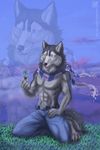 anthro black_nose blue_eyes canine clothed clothing clover dog half-dressed kneeling male mammal outside pants scarf shakumi sky solo tongue topless 