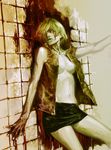  blonde_hair blood breasts corruption heather_mason highres ikeda_masateru lips medium_breasts midriff miniskirt navel open_clothes open_mouth pencil_skirt short_hair silent_hill silent_hill_3 skirt solo 