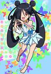  :d anklet azumawari_(azumofu) bare_legs barefoot black_hair bow choker cosplay detached_sleeves double_bun feet full_body hair_over_one_eye hands_together happy jewelry long_hair magical_girl open_mouth own_hands_together parody precure red_eyes ribbon skirt smile solo the_ring toes translucent_hair twintails yamamura_sadako 