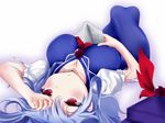  blue_hair book breasts cleavage dress hat hat_removed headwear_removed kamishirasawa_keine large_breasts light_smile long_hair lying michiomichio reading red_eyes ribbon smile solo tokin_hat touhou 