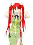  alternate_hairstyle blush braid closed_eyes highres holding holding_hair hong_meiling long_hair niwatazumi open_mouth red_hair solo sweatdrop touhou twin_braids twintails very_long_hair 