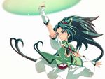  akimoto_komachi arm_up cure_mint dress earrings frown green_eyes green_hair hair_ornament jewelry long_hair magic magical_girl pouch precure simple_background solo tasaka_shinnosuke very_long_hair white_background yes!_precure_5 