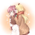  ahoge bad_id bad_pixiv_id blonde_hair blue_eyes blush bow breath coat fur_trim gloves hair_bow kuma_(happylocation) long_hair multiple_girls open_mouth pleated_skirt ponytail purple_hair scarf skirt sugiura_ayano toshinou_kyouko yuru_yuri 