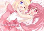  ahoge bare_shoulders birthday blonde_hair blue_eyes blush carrying hair_ribbon kagerou_(kers) long_hair multiple_girls one_eye_closed open_mouth ponytail princess_carry red_eyes red_hair ribbon skirt smile sugiura_ayano toshinou_kyouko yuru_yuri 