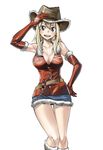  alternate_costume belt blonde_hair blush boots breasts brown_eyes chain cleavage cowboy_hat elbow_gloves fairy_tail fur_trim gloves hand_on_hip hat large_breasts long_hair looking_at_viewer lucy_heartfilia mashima_hiro official_art open_mouth skirt smile solo thigh_gap 